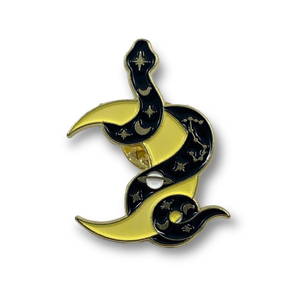 Gold enamel galaxy snake on a crescent moon pin - Picture 7 of 8